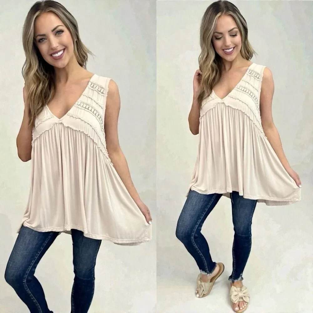 POL Tank Beige Lace Trim Boho Babydoll Sleeveless Top Ruffle Raw Edge Detail NEW - Picture 4 of 13